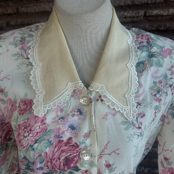 Karin Stevens Vintage 80s Rose Cottage Floral Lace Collar Shirtwaist Dress - Picture 10 of 16